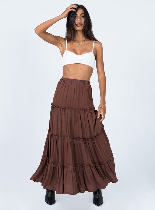 Princess Polly Dresses & Skirts - Princess Polly Miriah Boho Cottagecore Tiered Maxi Skirt - Brown